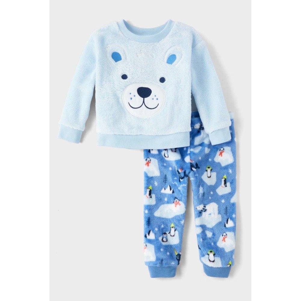 PJ Place Boys Polar Bear Fleece Pajama Set Blue Winter Penguin Narwhal 12-18M